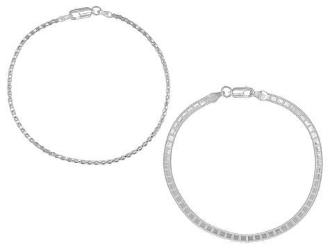 Sterling Silver 3mm Reversible Design Herringbone & 1.5mm Popcorn Link Bracelet Set of 2