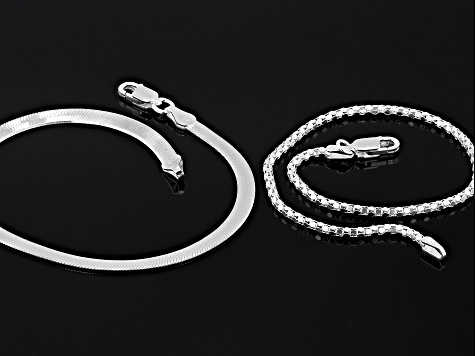 Sterling Silver 3mm Reversible Design Herringbone & 1.5mm Popcorn Link Bracelet Set of 2