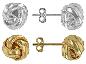 Sterling Silver & 18k Yellow Gold Over Sterling Silver 9mm Love Knot Stud Earring Set of 2