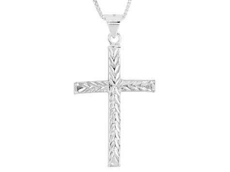 Sterling Silver Diamond-Cut Cross Pendant Box Link 18 Inch Necklace