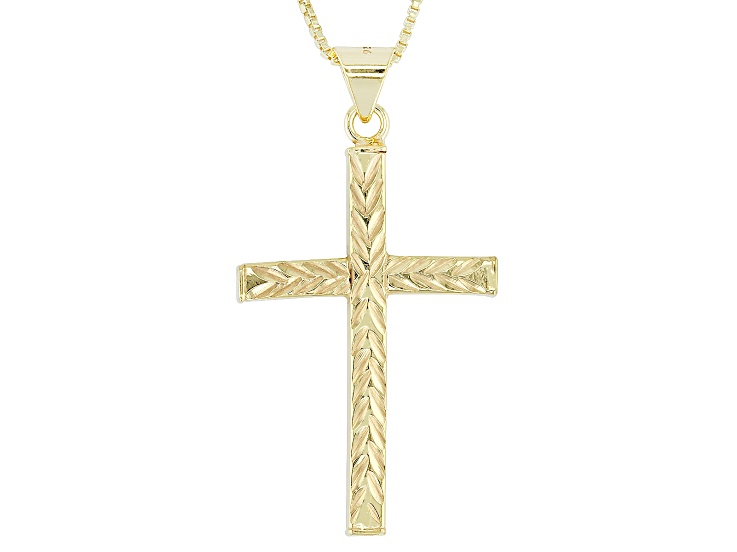 18k Yellow Gold Over Sterling Silver Diamond-Cut Cross Pendant Box Link 18 Inch Necklace