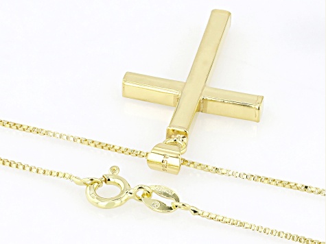 18k Yellow Gold Over Sterling Silver Diamond-Cut Cross Pendant Box Link 18 Inch Necklace
