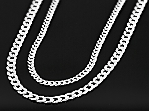 Sterling Silver Diamond-Cut Flat Curb 3mm 20 Inch & 4mm 22 Inch Chain Set of 2