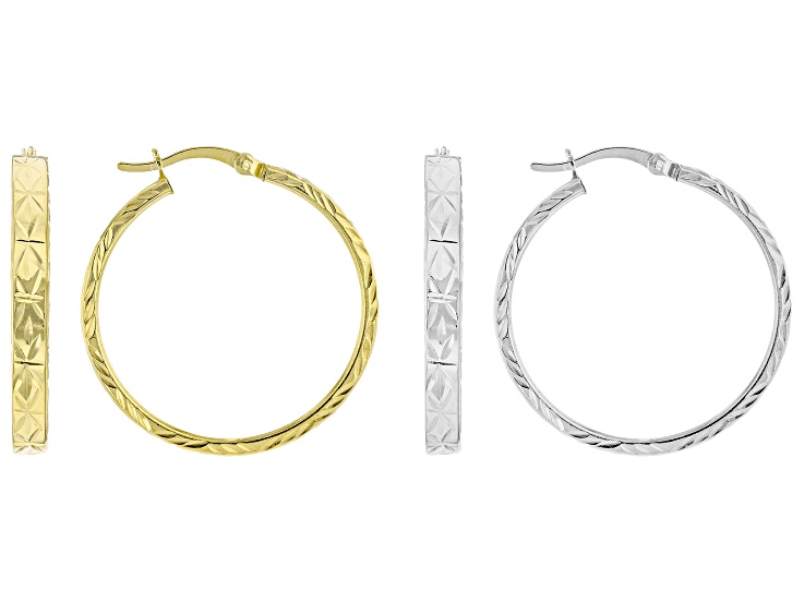 Sterling Silver & 18k Yellow Gold Over Sterling Silver 1 3/16" Diamond-Cut Hoop Earring Set of 2