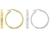 Sterling Silver & 18k Yellow Gold Over Sterling Silver 1 3/16" Diamond-Cut Hoop Earring Set of 2