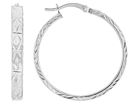 Sterling Silver & 18k Yellow Gold Over Sterling Silver 1 3/16" Diamond-Cut Hoop Earring Set of 2