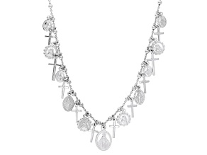 Rhodium Over Sterling Silver Virgin Mary and Crosses 18" Beaded Rosary Style Necklace