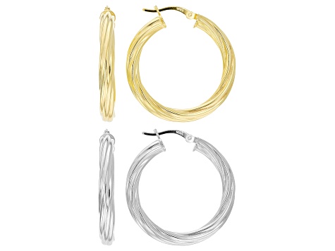 Sterling Silver and 18k Yellow Gold Over Sterling Silver 1.20" Twisted Hoop Set