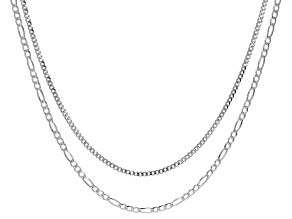 Sterling Silver 3mm Flat Figaro 22" Chain and 2mm Flat Cuban 22" Chain Set of 2