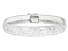 Rhodium Over Sterling Silver Diamond Cut Greek Key Omega Bracelet