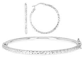 Rhodium Over Sterling Silver Diamond Cut 4mm Bangle and 1.25" Hoop Earring Set of 2