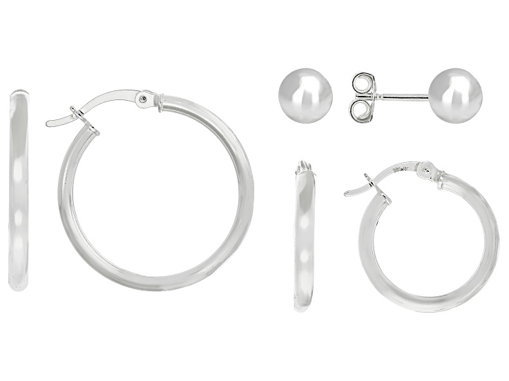 Sterling Silver 18mm Hoop, 25mm Hoop and 7mm Ball Earring Set of 3
