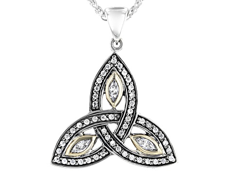 White Cubic Zirconia Sterling Silver and 10K Yellow Gold Trinity Pendant with 18 Inch Wheat Chain