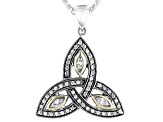 White Cubic Zirconia Sterling Silver and 10K Yellow Gold Trinity Pendant with 18 Inch Wheat Chain