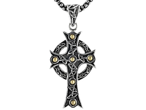 Sterling Silver and 18K Yellow Gold Large Oxidized Ornate Cross Pendant With 18 Inch Oxidized Chain