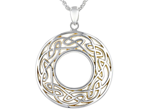 Sterling Silver and 22K Yellow Gold Over Silver Large Round Pendant with 18 Inch Wheat Chain