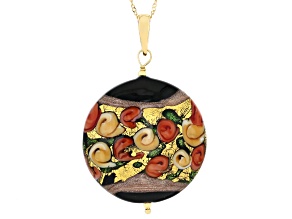 Black Murano Glass with 24k Gold Foil "Millerose Disc" Pendant on 18k Gold Over Silver Chain