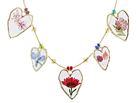 Heart Resin Dried Flowers with Murano Glass Beads 18k Gold Over Silver 17" Necklace