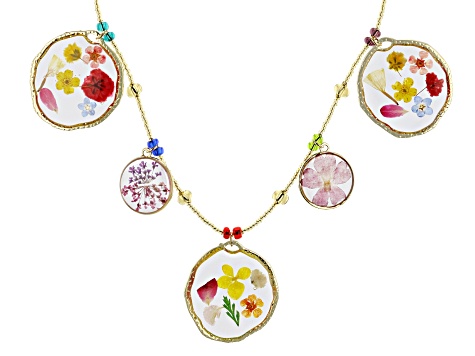 Resin Dried Flowers Murano Glass Beads 18k Yellow Gold Over Sterling Silver Station 17" Necklace