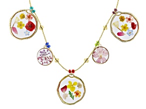 Resin Dried Flowers Murano Glass Beads 18k Yellow Gold Over Sterling Silver Station 17" Necklace