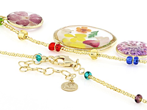 Resin Dried Flowers Murano Glass Beads 18k Yellow Gold Over Sterling Silver Station 17" Necklace