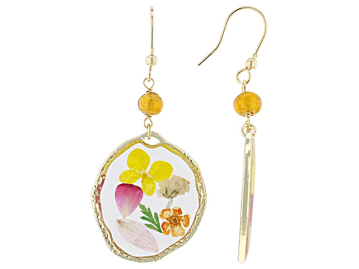 Round Resin Dried Flowers with Murano Glass 18k Yellow Gold Over Sterling Silver Earrings