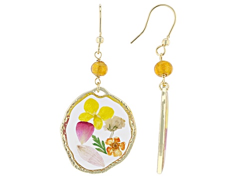 Round Resin Dried Flowers with Murano Glass 18k Yellow Gold Over Sterling Silver Earrings