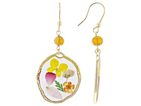 Round Resin Dried Flowers with Murano Glass 18k Yellow Gold Over Sterling Silver Earrings