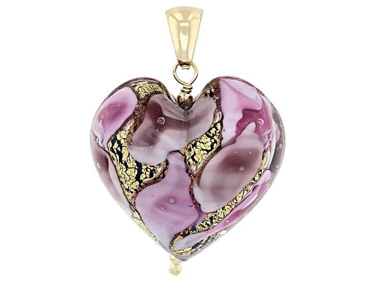 Pink Murano Glass 18K Yellow Gold Over Sterling Silver "Zoe" Heart Pendant