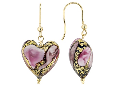 Pink Murano Glass "Zoe" 18k Gold Over Sterling Silver Heart Earrings