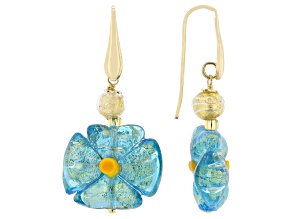 Blue Murano Glass 18k Yellow Gold Over Sterling Silver Flower Earrings