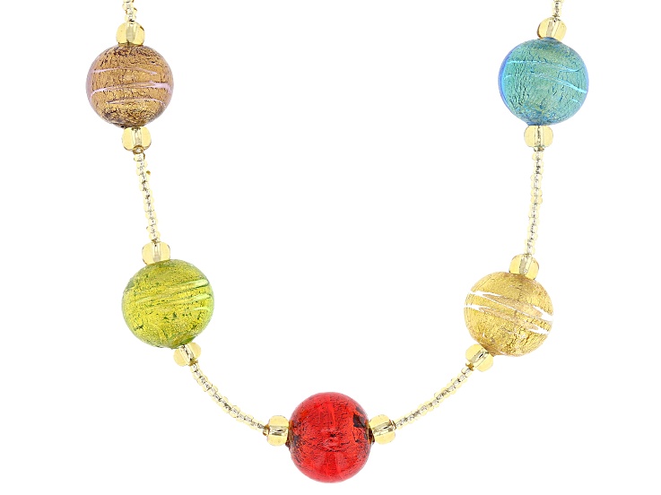Multi-Color Murano Glass 18k Yellow Gold Over Sterling Silver Bead 24" Necklace