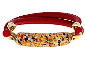Multi-Color Murano Glass 18k Yellow Gold Over Brass "Carnevale Bar" Faux Leather Bracelet
