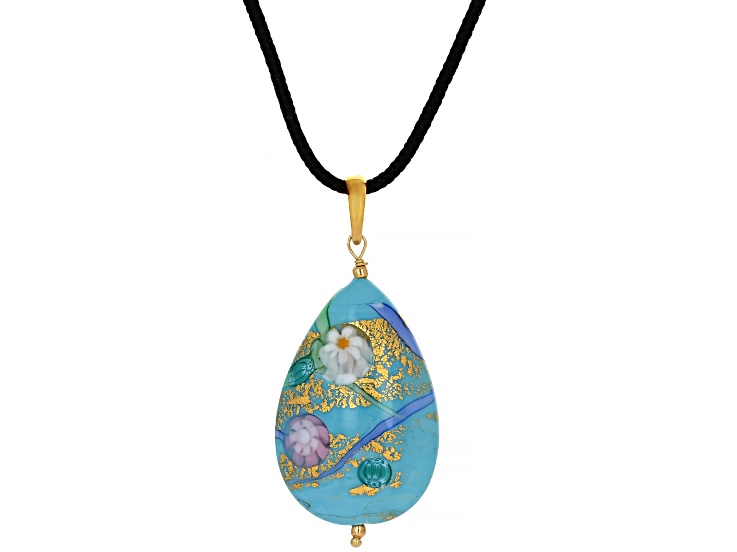 Teal Floral Murano Glass 18K Yellow Gold Over Sterling Silver Pendant with 19.5" Cotton Cord