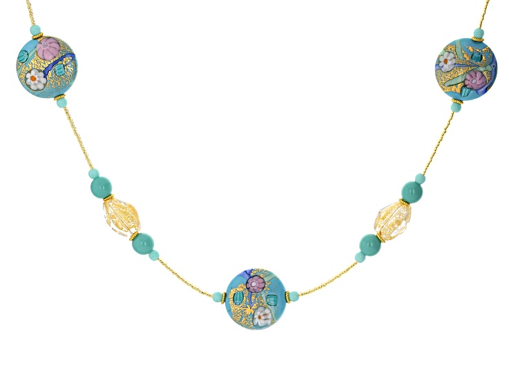 Teal Floral Murano Glass 18K Yellow Gold Over Sterling Silver Station 30" Necklace