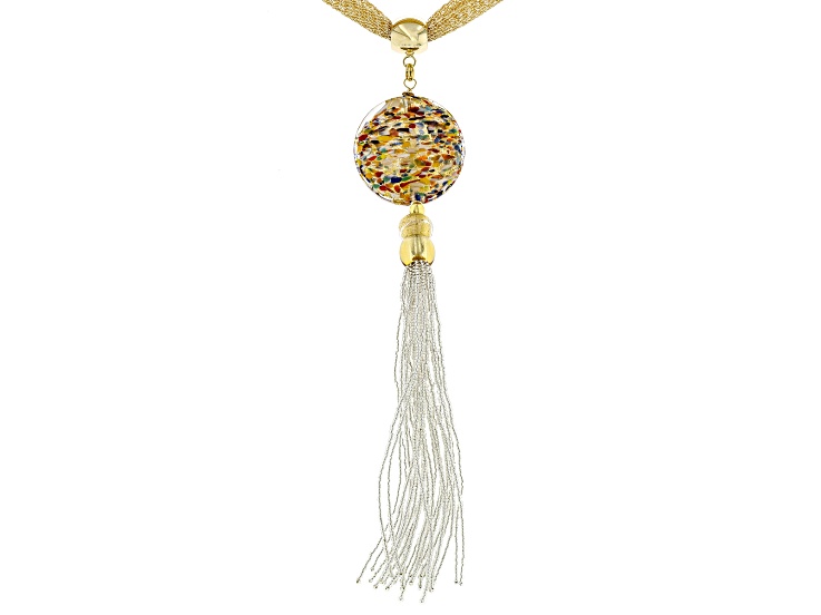 Murano Glass Gold Tone "Carnevale" Disc Tassel Pendant on Metallic Mesh 18.5" Necklace