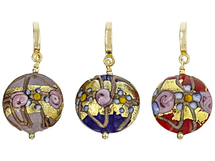 Murano Glass 18K Yellow Gold Over "Fiorato" Domed Disc Pendant Set of 3
