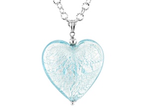 Murano Glass Rhodium Over Brass Aqua Heart Pendant with Diamond Cut Chain