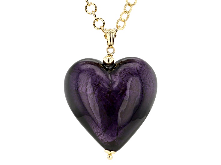 Murano Glass 18k Gold Plated Purple Heart Pendant with Diamond Cut Chain