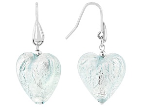 Murano Glass Rhodium Over Brass Aqua Heart Dangle Earrings