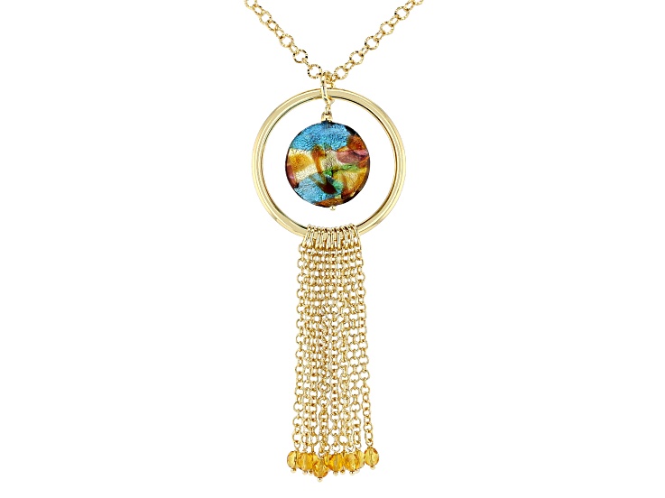 Murano Glass 18k Yellow Gold Plated Aurora Disc 28" Necklace With Tassel