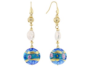 Murano Glass & Cultured Freshwater Pearl 18k Gold Over Brass Blue Madonna Dangle Earrings