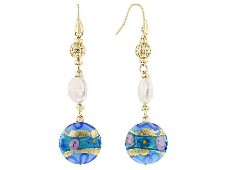 Murano Glass & Cultured Freshwater Pearl 18k Yellow Gold Plated Madonna Earrings