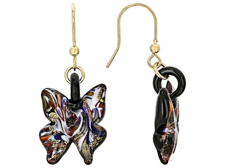 Black Murano Glass 18K Yellow Glass Over Sterling Silver Butterfly Earrings