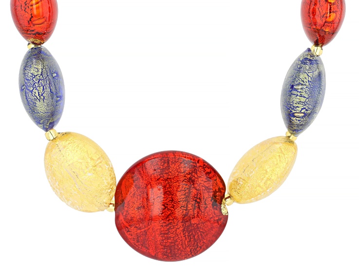 Multi-Color Murano Glass 18K Gold Over Silver Disc 18" Graduated Necklace