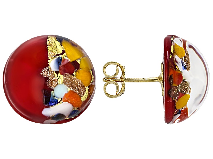 Red & Multi-Color Murano Glass 18K Gold Over Sterling Silver Button Earrings