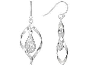 Sterling Silver Over Brass Diamond Cut Teardrop Swirl Dangle Earrings