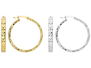 Sterling Silver Over Brass And 18K Over Brass Diamond Cut Hoop Set Of 2 Earrings