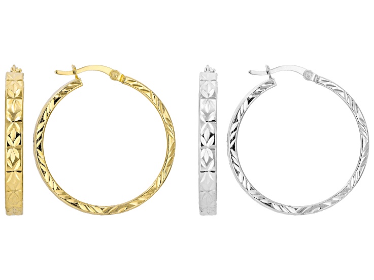 Sterling Silver Over Brass And 18K Over Brass Diamond Cut Hoop Set Of 2 Earrings