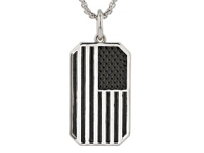 Rhodium And 14K Gold Plated Patriotic Flag & Rose Dog Tag Pendant With 1.5mm Round Box 18" Chain